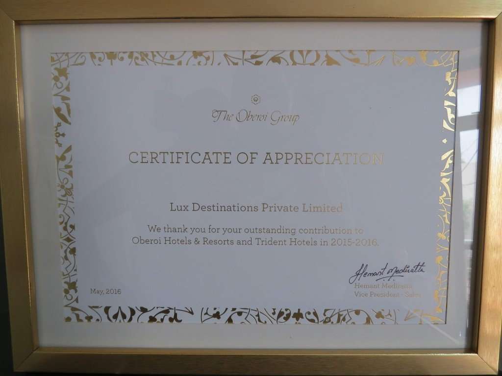 Oberoi Certificate of Appreciation Indian Excursions Co