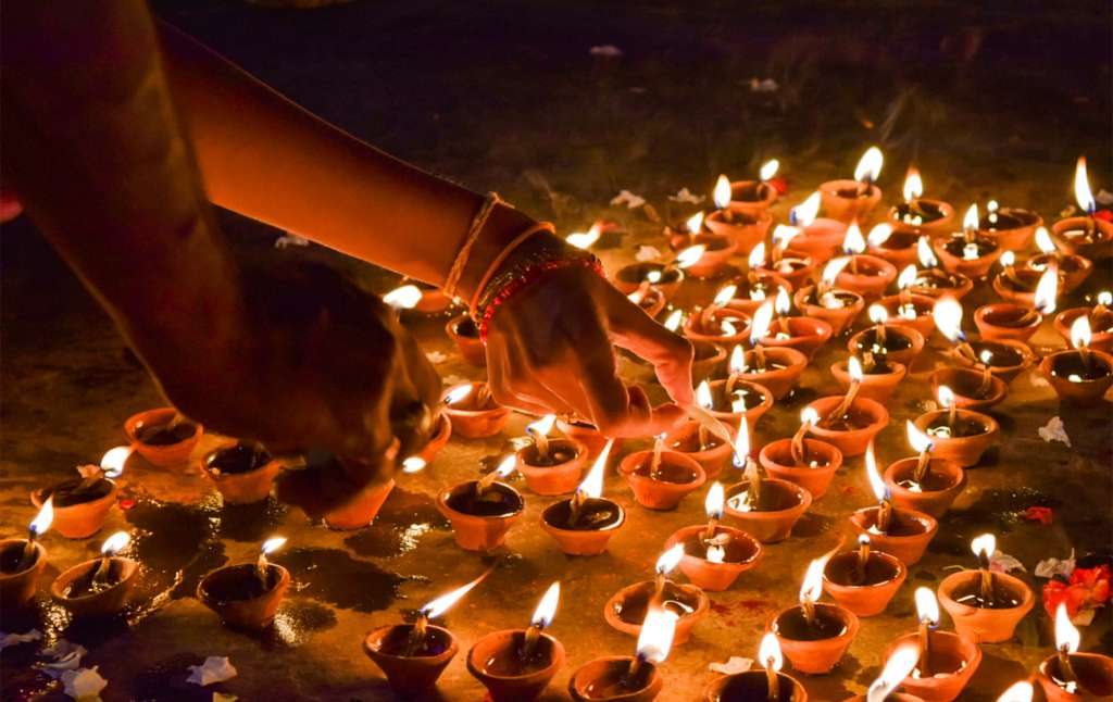 Oil lamps lit at Diwali
