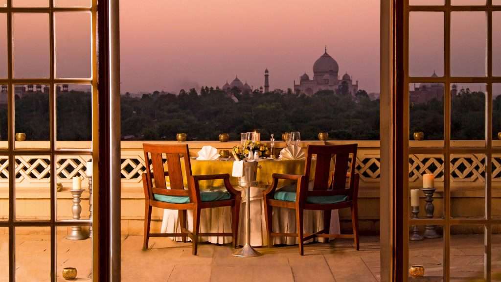View of the Taj Mahal from the balcony at The OberoI Amarvilas, Agra